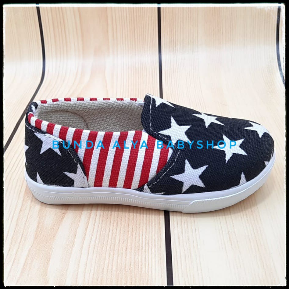 Sepatu Anak Laki Laki 1- 6 Tahun HITAM Bintang - Sepatu Anak Cowok Slip On Stripe Size 22 - 35 Sepatu Anak Unisex Cewek Cowok