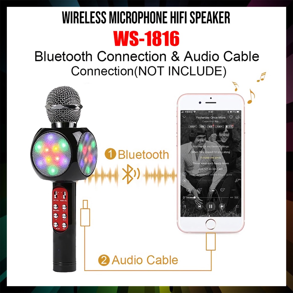 Mic Smule KTV Karaoke MP4 Microphone Wireless Portable Bluetooth LED WSTER WS1816 , WS-1816