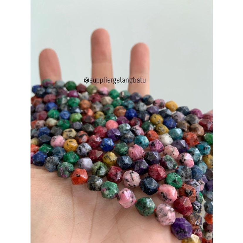 batu hexagon Stone 8mm multicolour rhodonite akik pancawarna natural bahan kalung gelang kerajinan tangan craft manik