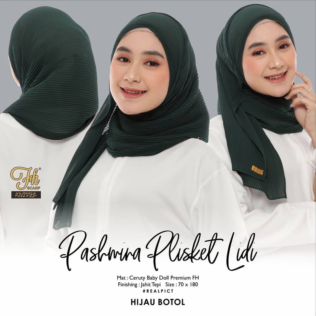 jilbab kerudung pashmina plisket full lidi bahan ceruty babydoll premium murah warna hijau botol tua