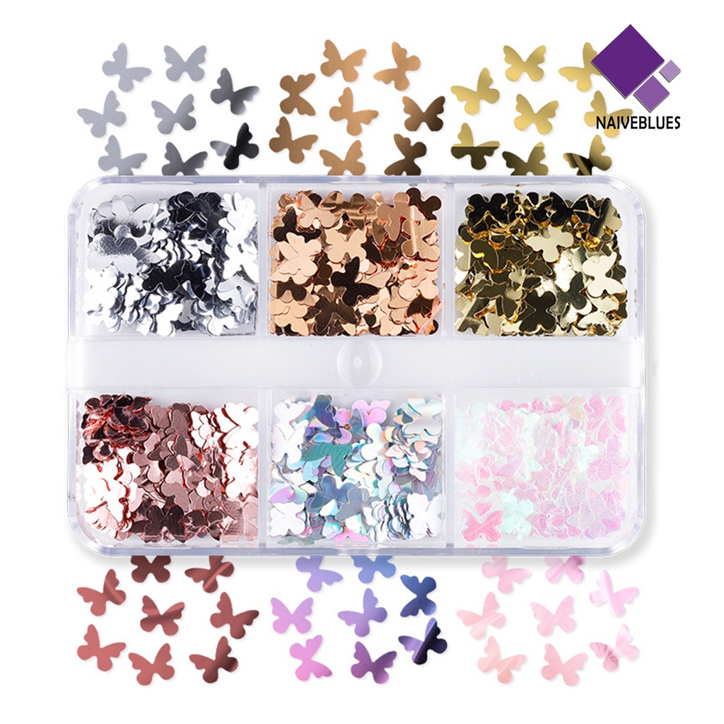 Naiveblue &gt; 6 Sekat / Kotak Sequin / Payet Bentuk Kupu-Kupu Untuk Dekorasi Nail Art Butterfly