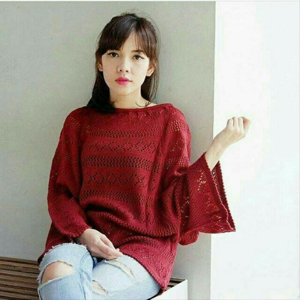 Baju Rajut Wanita Alin Crop Jaring Maroon Sweater Murah  Grosir