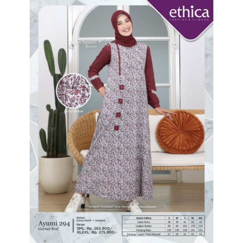 READY STOK. gamis ethica ayumi 294 garnet red dan oak buff  diskon 20%.