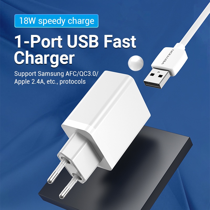 Vention 18W Adapter Charger USB Fast Charging Plug EU Untuk Huawei Samsung Xiaomi