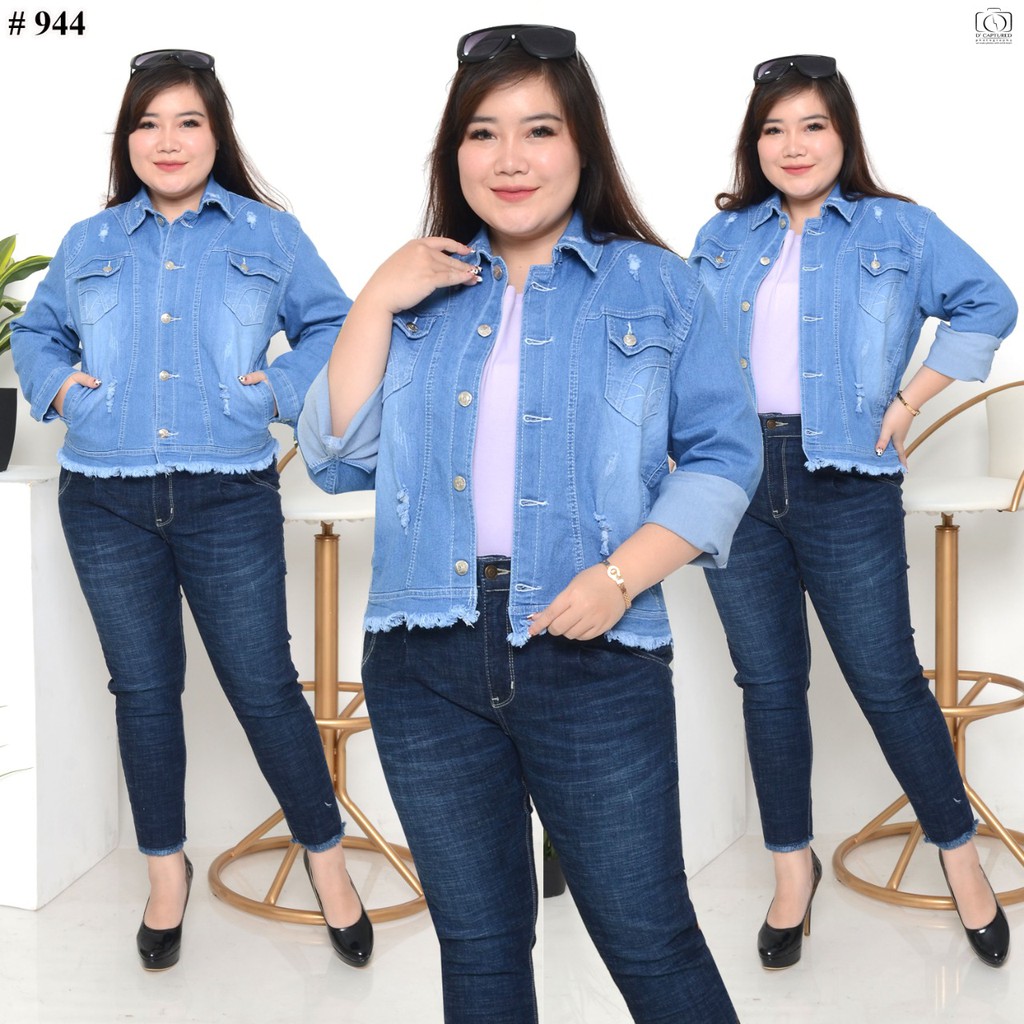 MC girl Jaket Jeans Sobek Rawis Wanita / Jaket Jeans Ripped Rumbai Jumbo / Jaket Jeans Koyak Big Size