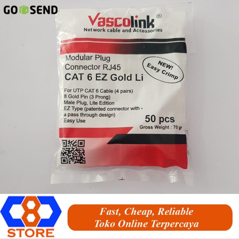 CONNECTOR RJ45 KONEKTOR RJ45 VASCOLINK CAT 6 EZ GOLD 50 PCS