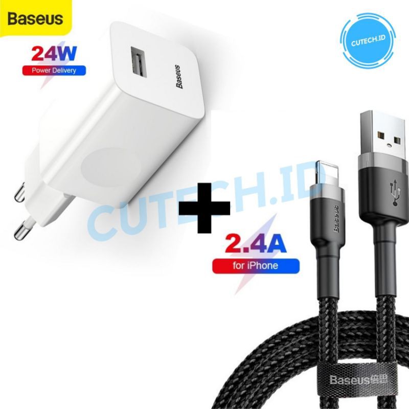 BASEUS PAKET BUNDLING KEPALA CHARGER 24W QC 3.0 + KABEL DATA MICRO USB / TYPE C / LIGHTNING