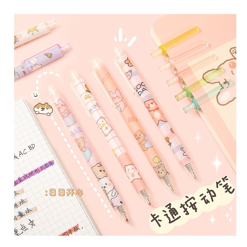 Bolpen tinta warna hitam 0.5 mm lucu motif beruang pink pulpen bolpoint pena tulis gadis imut korea pink kuning hijau biru