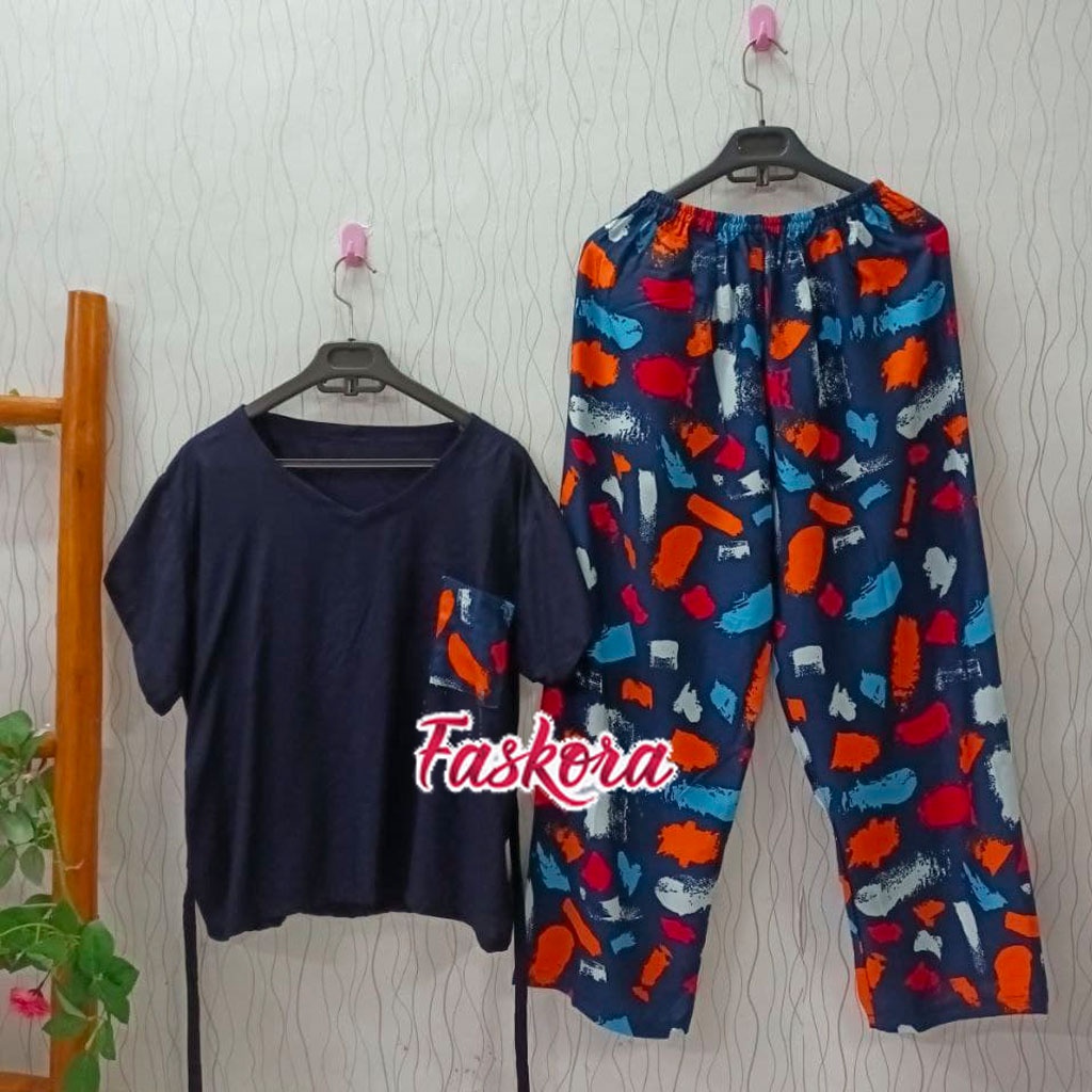 Piyama Rayon Jumbo Lengan Pendek One Set Wanita Kekinian Remaja Pajamas Polos Kombinasi Auristela-Auristela Pls Navi