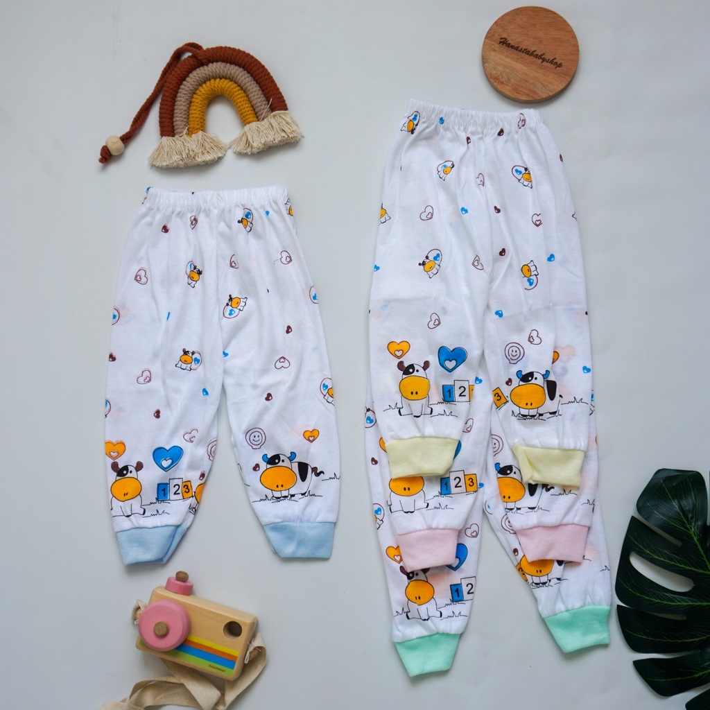 Celana Panjang Bayi Putih Newborn 0-9 Bulan Motif Sapi Lucu