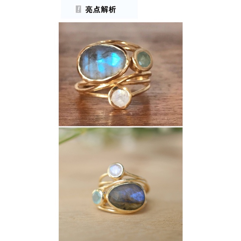 Goldkingdom Perhiasan Fashion 24K Bangkok Aksesoris Ready Stock Berlapis Emas Asli Kadar 375 Dengan Batu Bulan Warna-Warni, Kreatif Multi-layer Shell Cincin Untuk Wanita