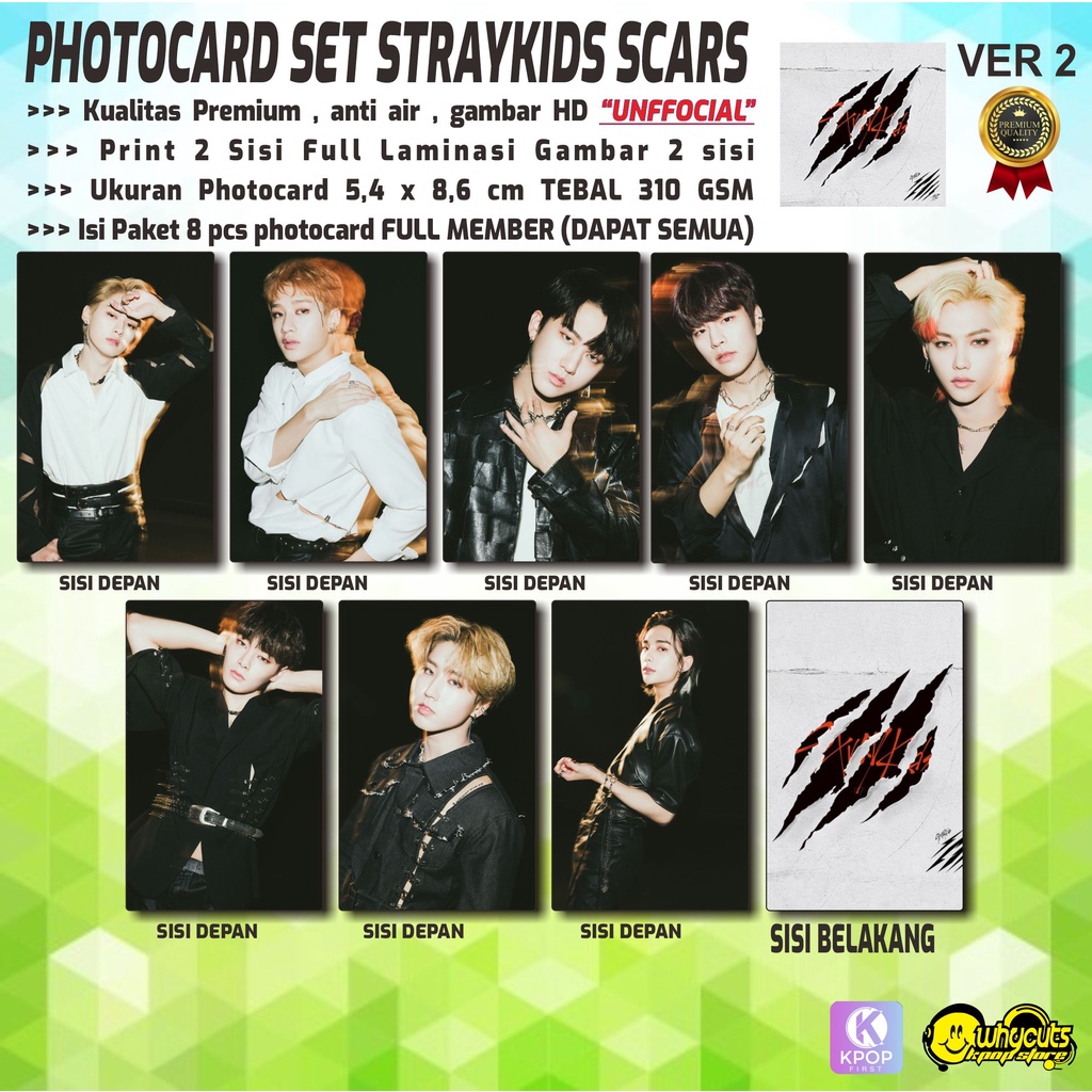 PHOTOCARD FULL SET PC KPOP PREMIUM STRAYKIDS SCARS JAPAN ALBUM / PRINT 2 SISI FULL LAMINASI ISI 8 PCS FULL MEMBER