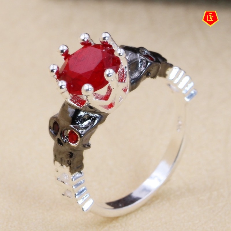 [Ready Stock]Personality Fashion Skull Punk Red Gem Ring
