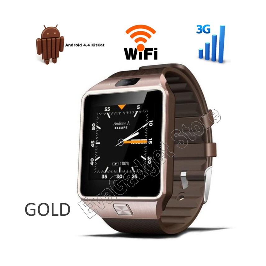 JAM TANGAN HP TIPE Q09 - ANDROID 4.4 - 3G - WIFI GSM SIM CARD - GOLD