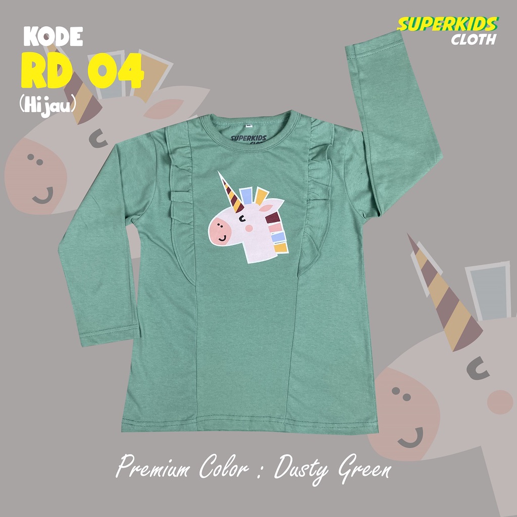 BAJU ANAK PEREMPUAN / KAOS ANAK PEREMPUAN / PAKAIAN ANAK CEWEK RAMPEL RUFFLE UNICORN KAOS ANAK CEWEK LENGAN PANJANG ECER GROSIR BRAND SUPERKSIDCLOTH 1 - 11 TAHUN