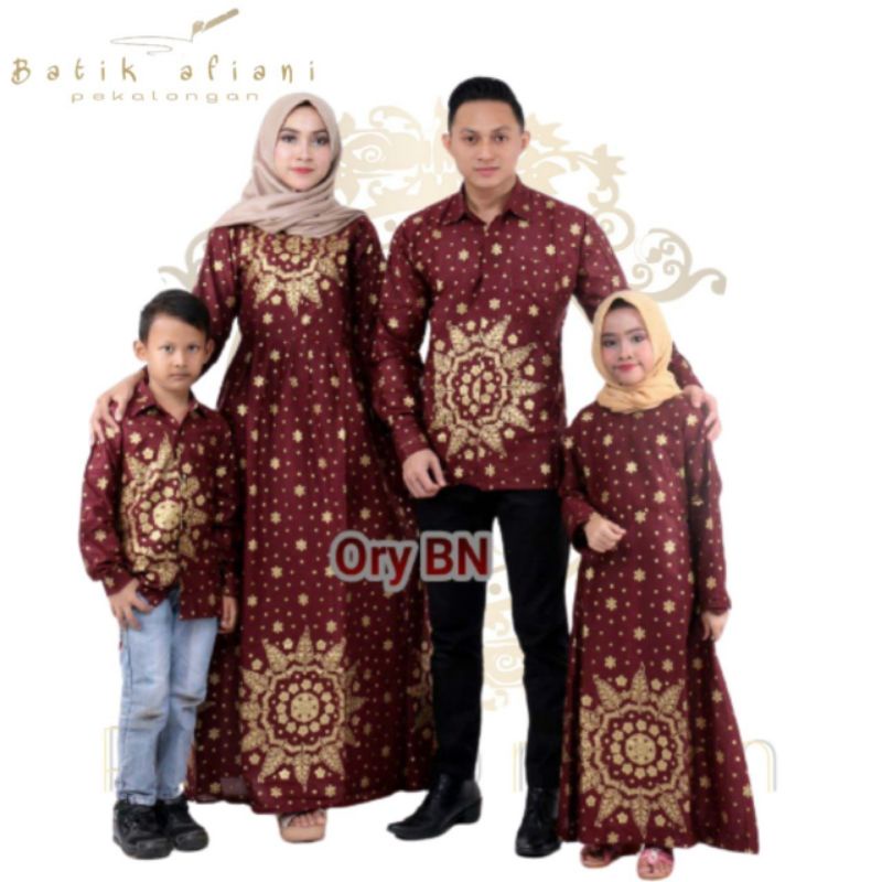 Maura Couple - Sania Ruffle Batik Keluarga Couple Jazy Gamis Syar'i - Gamis Kerah Jazy Terbaru Motif Prodo Matadaun Maroon 2022