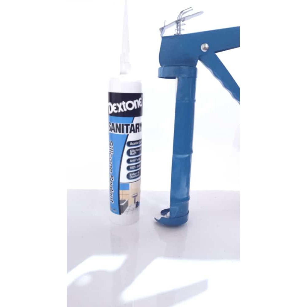 

paket hemat lem dextone sanitary plus sodokan lem - Putih dan clear