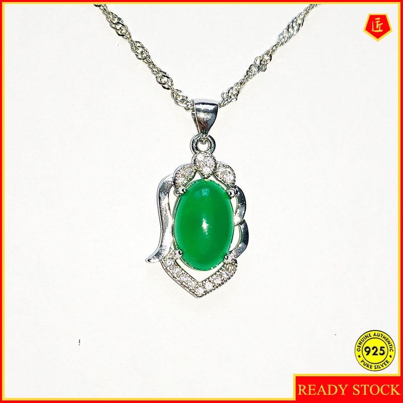 Vintage Green Chalcedony Pendant Full Diamond Hollow Emerald Necklace Drop-Shaped Green Crystal Necklace