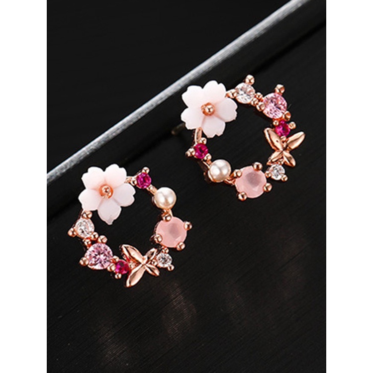 Anting Tusuk Rose Gold Desain Bunga Hias Kristal Zircon Mutiara Untuk Wanita