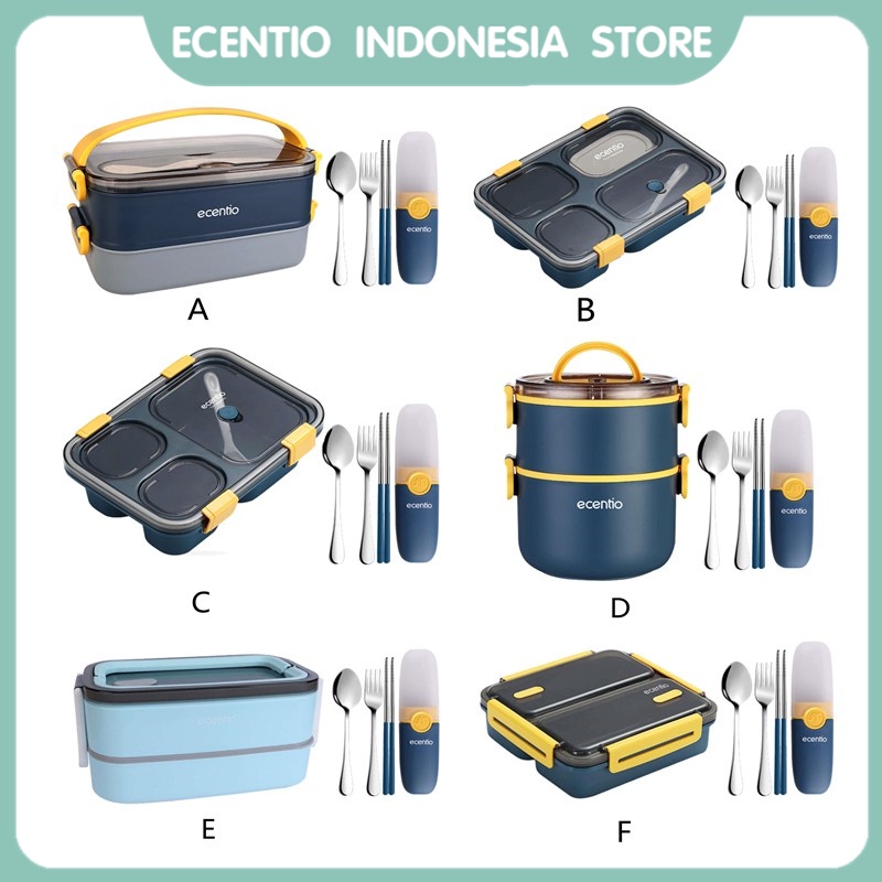 ecentio Lunch Box Set anti tumpah tahan panas Kotak makan Tempat Set dengan 4 in 1 stainless alat makan Sumpit Sendok Garpu plastik kotak