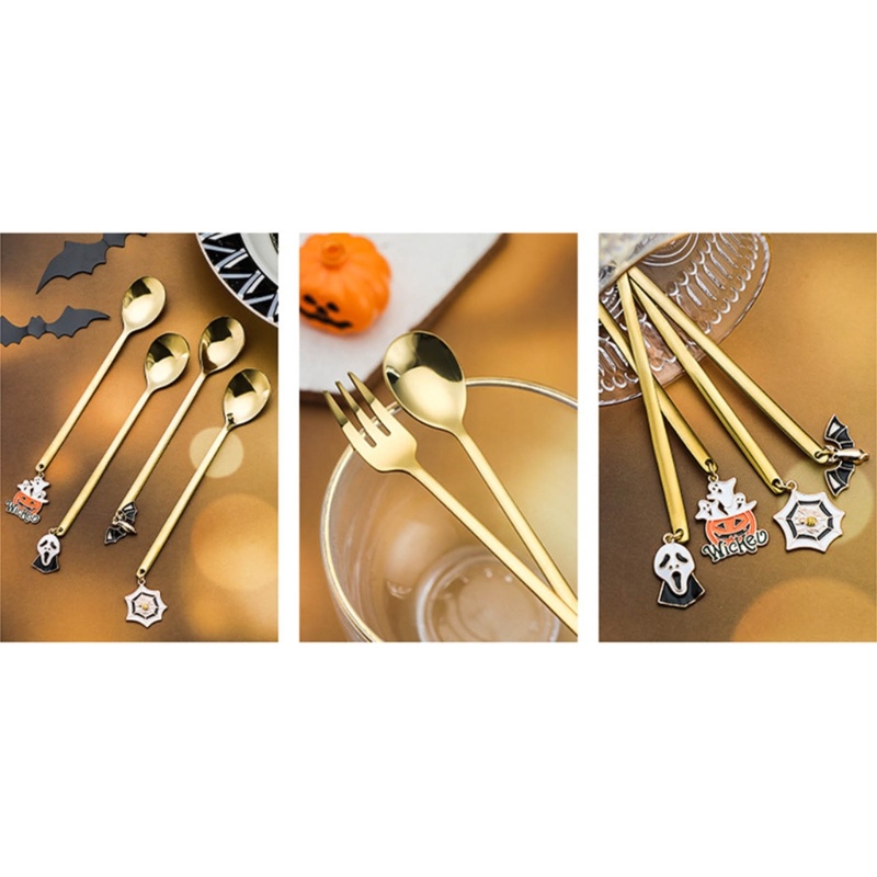 Zzz 6Pcs Sendok + Garpu + Pengaduk Kopi / Dessert Gagang Panjang Bahan Stainless Steel Untuk Halloween