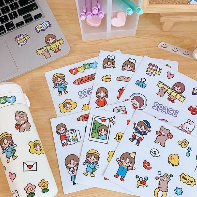 

1pcs Sticker Cute Cartoon Girl & Boy Stiker Hias Jurnal Stiker Box