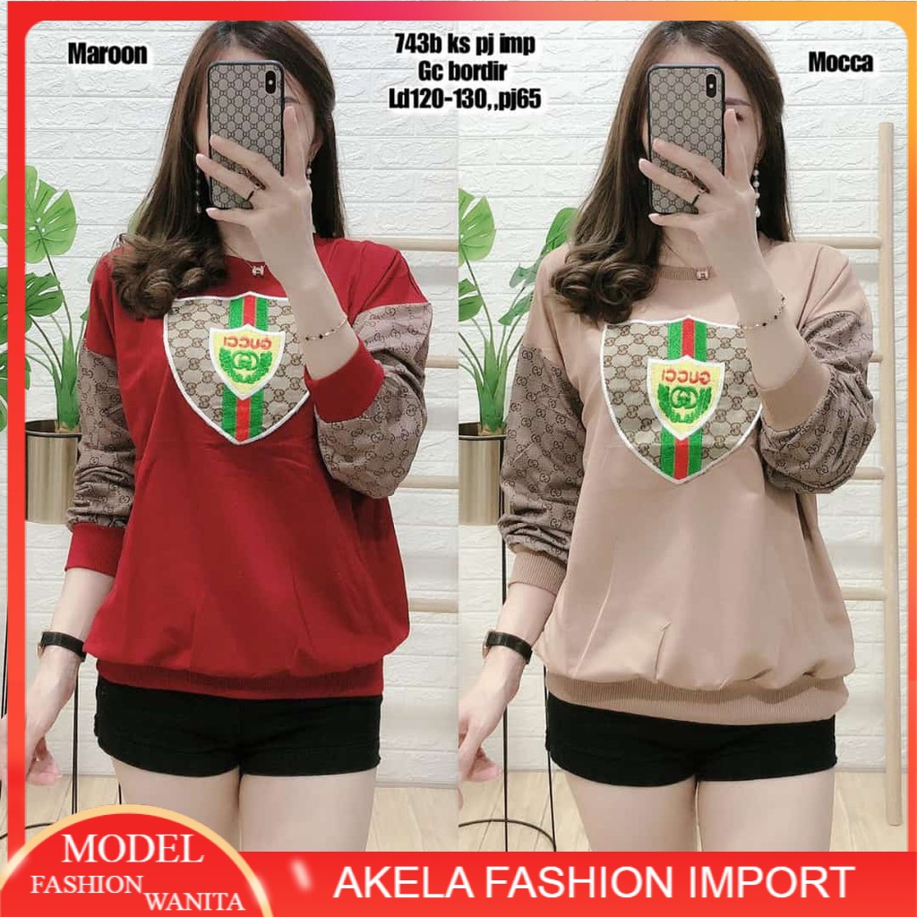 ATASAN KAOS JUMBO IMPORT BAJU BORDIR GUCCI LENGAN PANJANG KAOS FASHION WANITA IMPORT MURAH 743