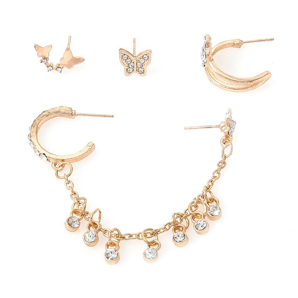 Hu Hu Hu Hu Hu Alat Bantu Pasang Kacamata♡ 4pcs / Set Anting Stud Rantai Bentuk Kupu-Kupu Bahan Alloy Untuk Wanita
