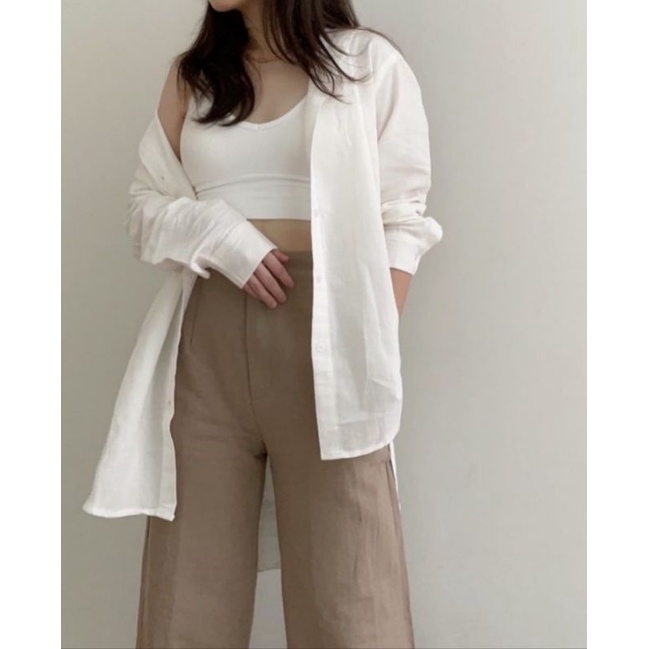 Atasan Kemeja Linen Wanita Oversize Pocket - Kemeja Basic Wanita