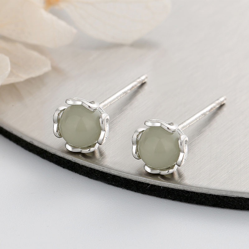 Anting Stud Giok Hetian Natural Untuk Wanita