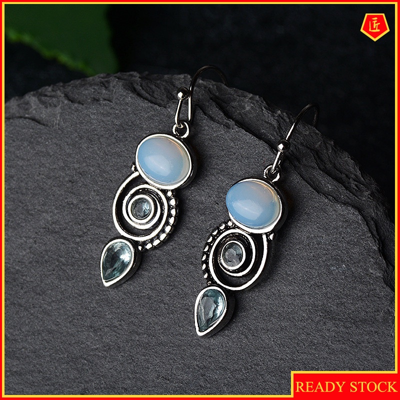 [Ready Stock]Inlaid Sea Blue Topaz Earrings for Women Creative Rotational