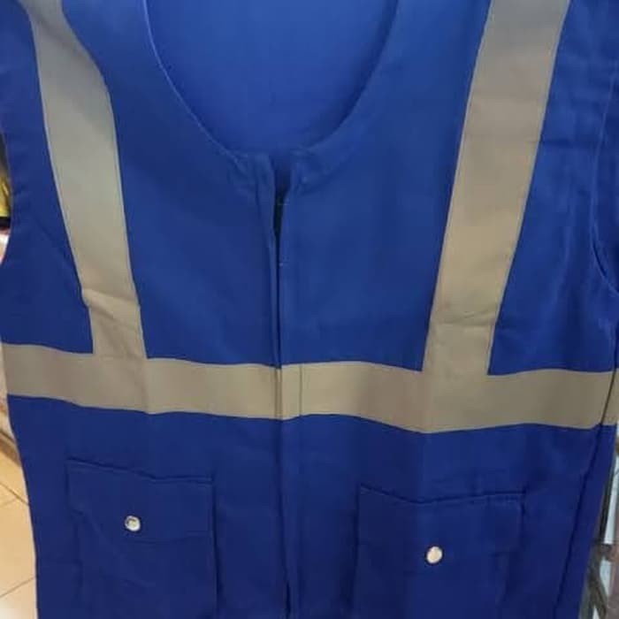 Rompi Safety Kain biru 2 Kantong Resleting rompi k3 safety kerja schotlight bahan katun imj vest