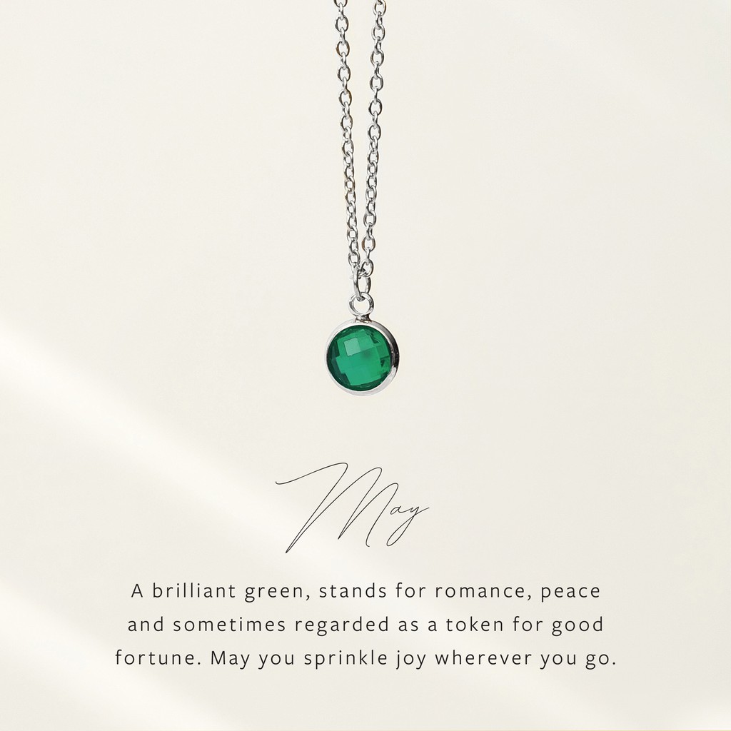 May Birthstone Dainty Silver Necklace — Emerald