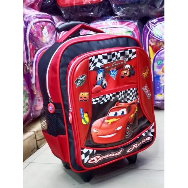 PROMO Tas Roda Dorong Trolley Anak Laki Laki TK Gambar Cars Mobil Merah Soft Timbul 3 Kantung