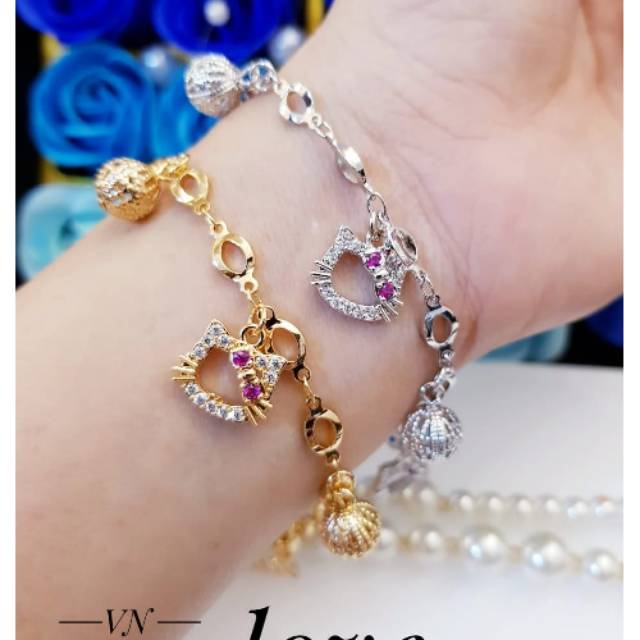 (JUN) Set Perhiasan Dewasa Lapis Emas Xuping Gelang Hello Kitty Gold Silver Permata Mewah Titanium