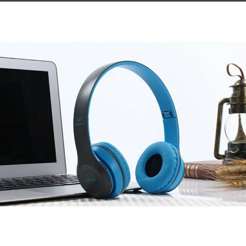 P47 HEADPHONE Bluetooth Gaming Headset Wireless Pro Bass P47 headset Bluetooth P47 Headphone Wireless Bluetooth Stereo 5.0+EDR headphone bloetooth-Biru