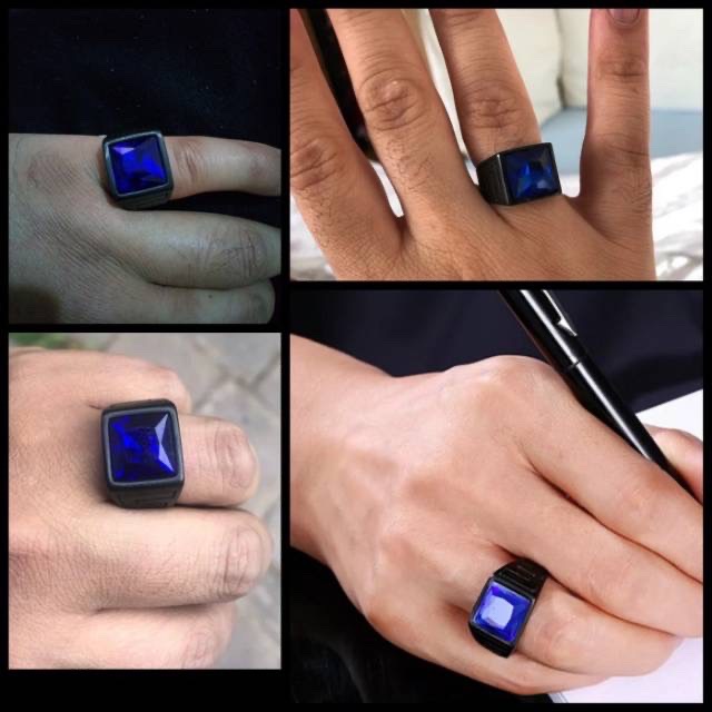 Cincin Pria Blue Saphire Octagon King Safir Red Rubi Ring Titanium Stainless Steel Black Platted High Quality