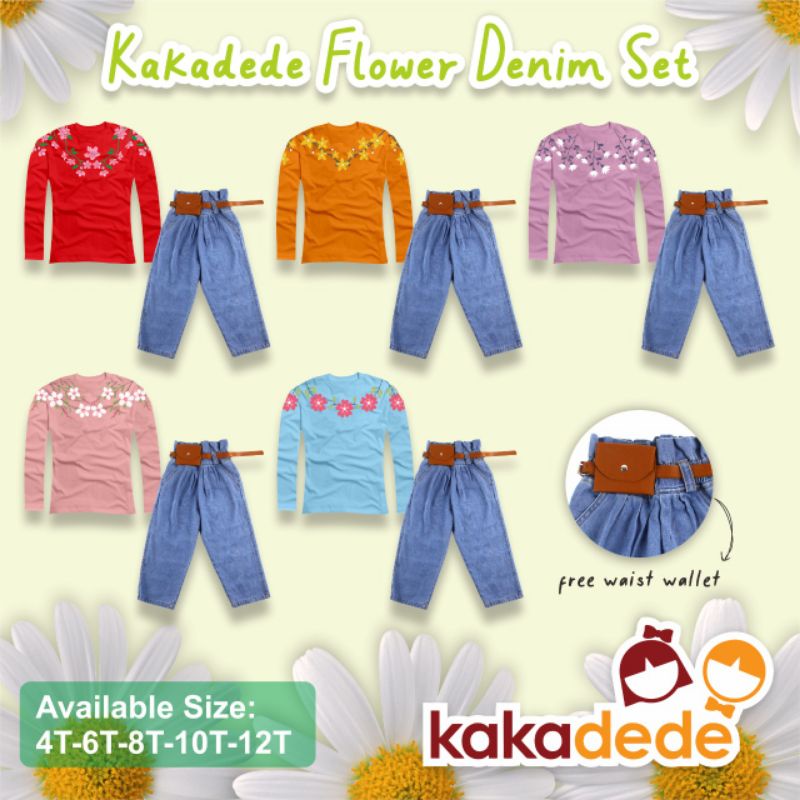 ‼️READY‼️4T - 12T FLOWER DENIM SET BY KAKADEDE