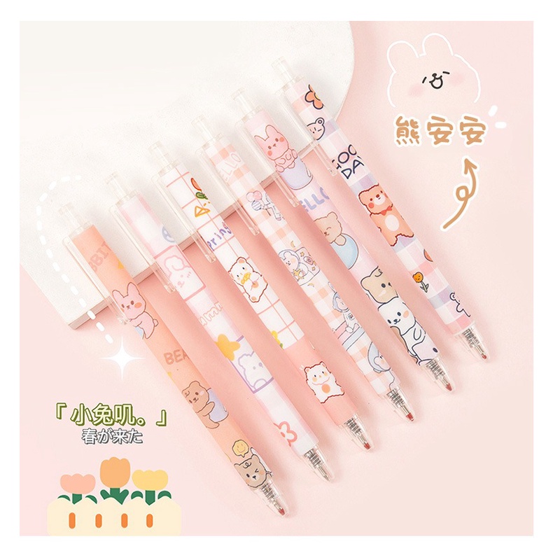 Bolpen tinta warna hitam 0.5 mm lucu motif beruang pink pulpen bolpoint pena tulis gadis imut korea pink kuning hijau biru