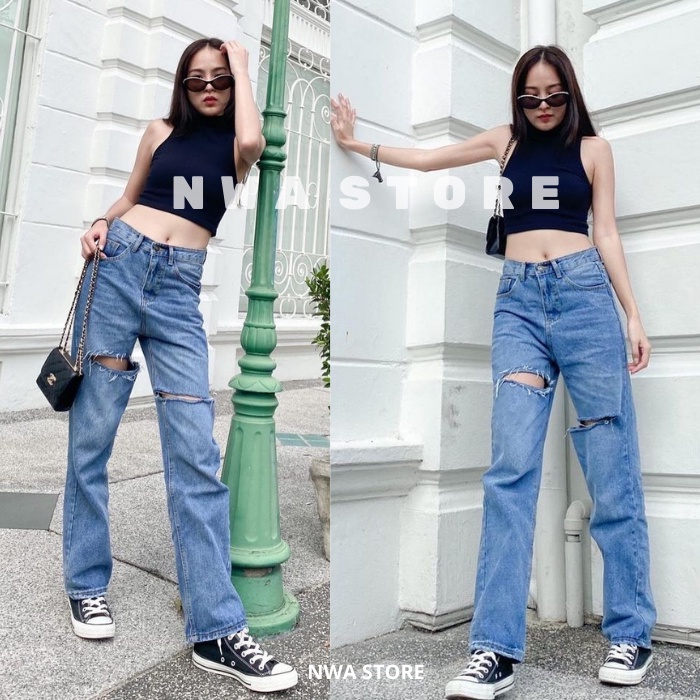 High Waist Kulot Alya Jeans Sobek Polos