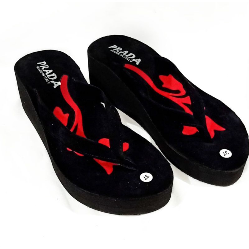 SANDAL WEDGES WANITA  - SANDAL WANITA JAPIT - SANDAL JAPIT SPON PLUS BELUDRU ( PRADA MAWAR)