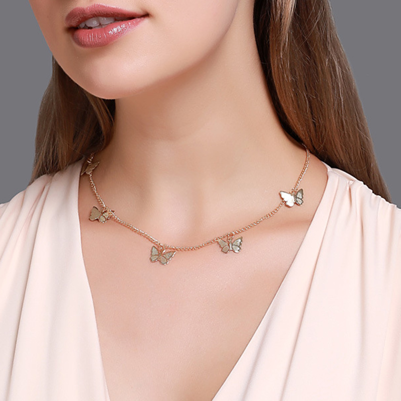 Fashion Temperament Short Five Butterfly Necklace Simple and Sweet Single Layer Ladies Clavicle Chain