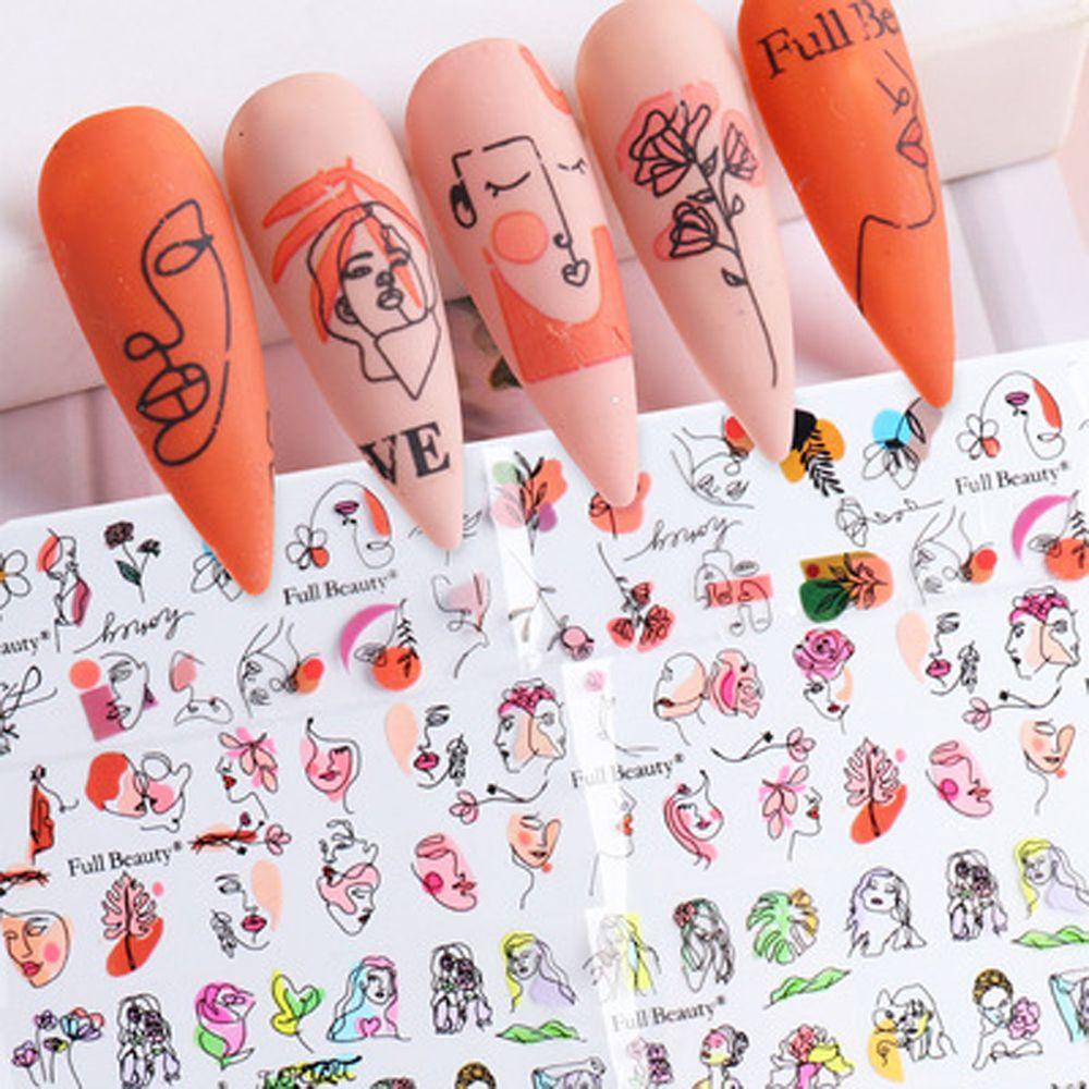 Agustina Nail Art Transfer Paper Wanita 10Pcs/set Manicure Aksesoris Abstrak Garis Wajah Daun Kuku Decals