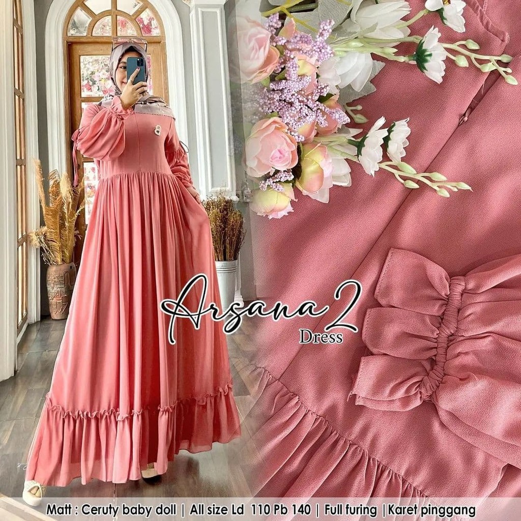 Gamis Ceruty Arsana dress Bo bahan ceruty babydoll premium Gamis wanita terbaru 2023 kekinian original mewah Dress wanita Busui friendly fashion muslim kekinian Dres warna putih , mint , mooca