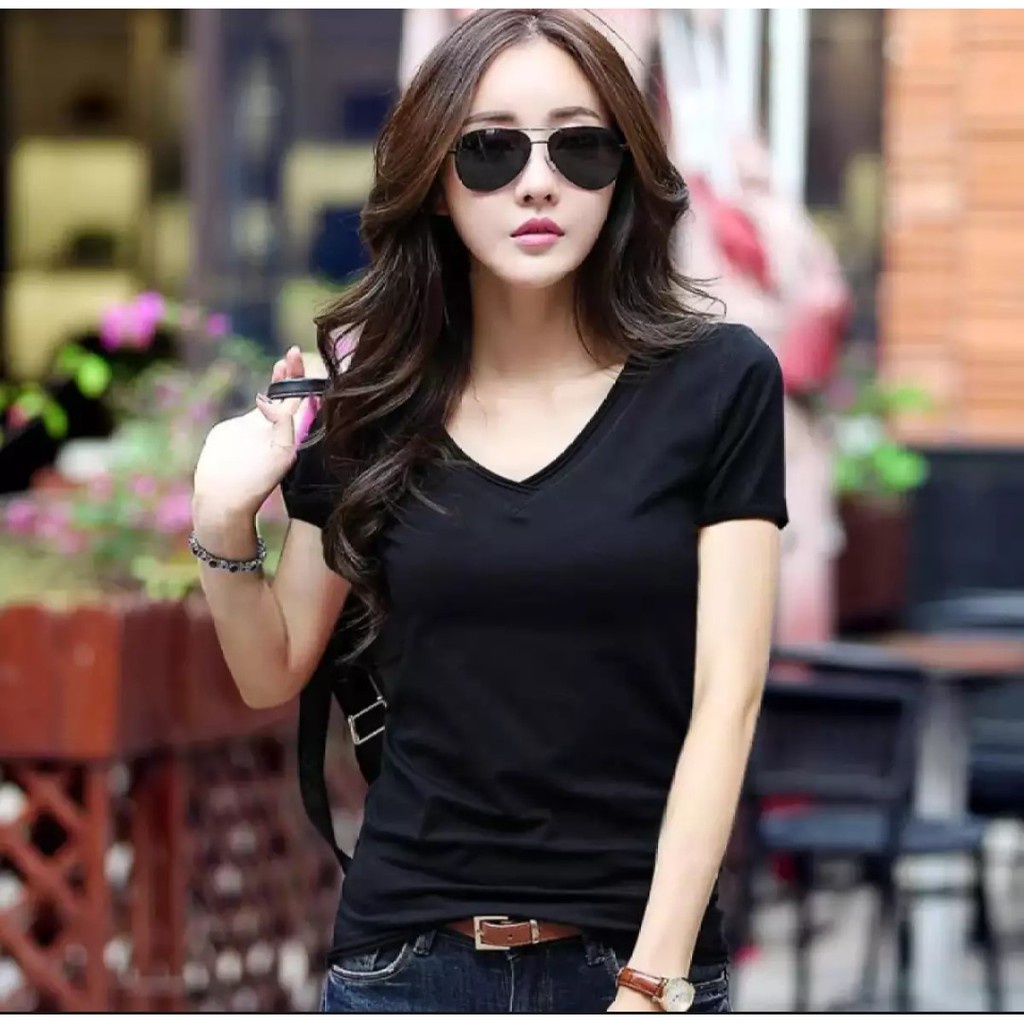 KAOS BASIC POLOS WANITA HITAM DAN PUTIH / KAOS OBLONG WANITA V NECK / KAOS POLOS WANITA V-NECK
