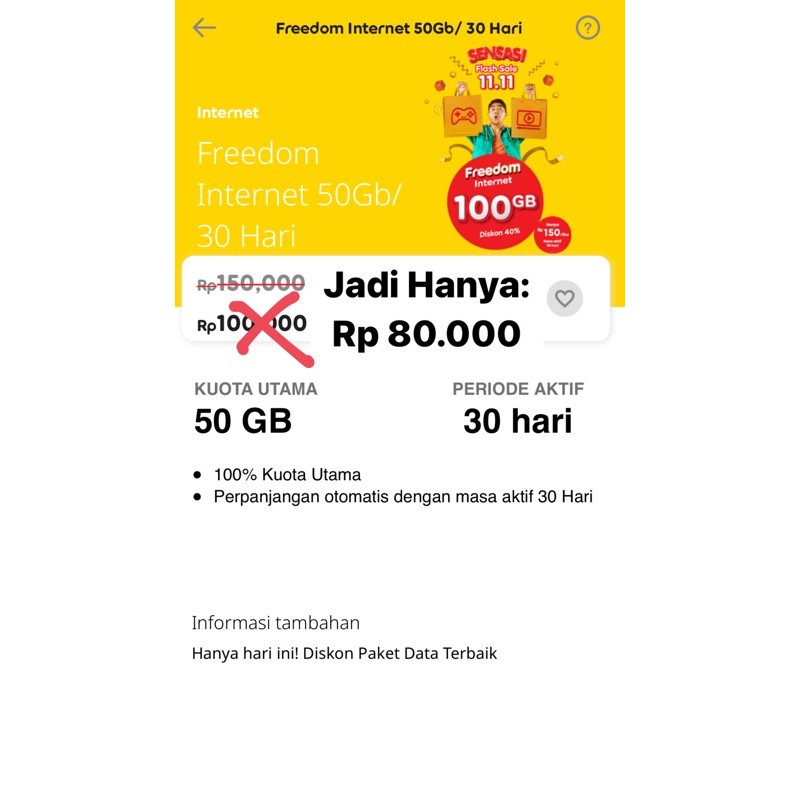 DISKON 20% Paket Freedom Internet Indosat IM3 Ooredoo 50 GB (Kuota Utama 50gb) SENSASI FLASH SALE