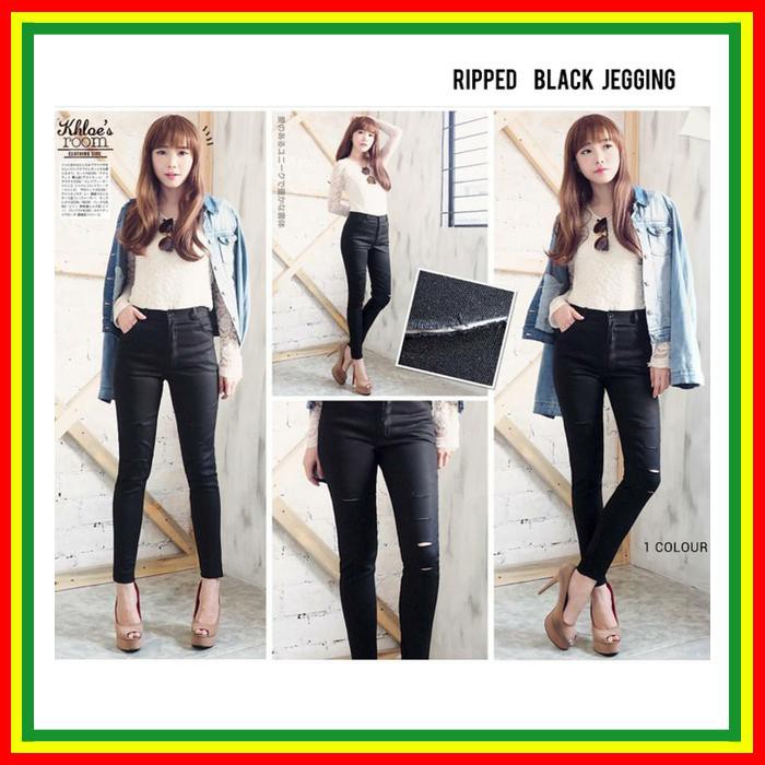 RIPPED BLACK JEGGING . CELANA PANJANG HITAM SLIM JEGGING RIPPED