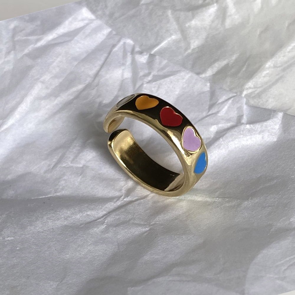 Cincin Model Terbuka Desain Hati Enamel Warna-Warni Gaya Vintage Untuk Wanita