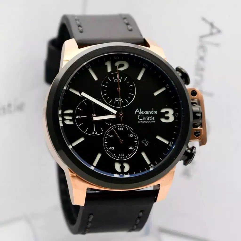 AC Alexandre Christie  ac 6280 jam tangan pria tali kulit hitam rose gold