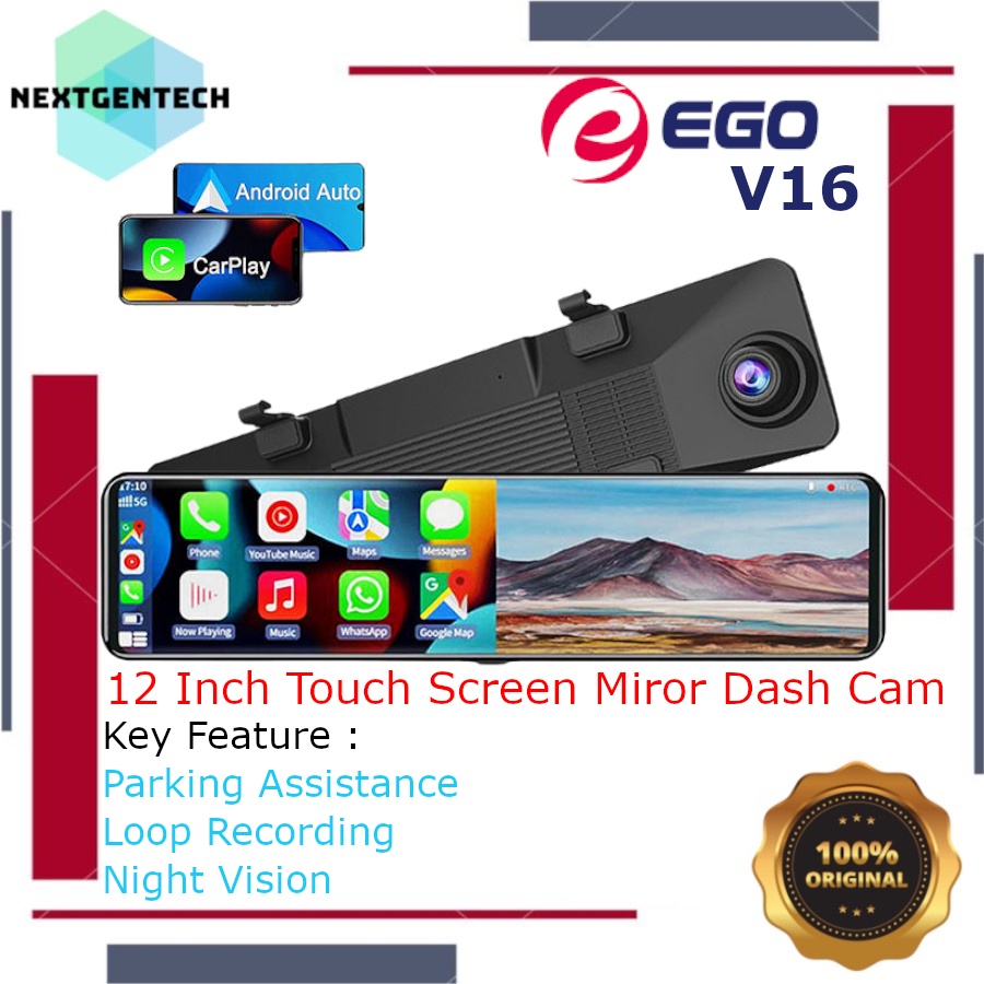 EGO V16 4K Mirror Dash Cam 12 Inch Touch Screen Android Auto Carplay WiFi Parking Monitor